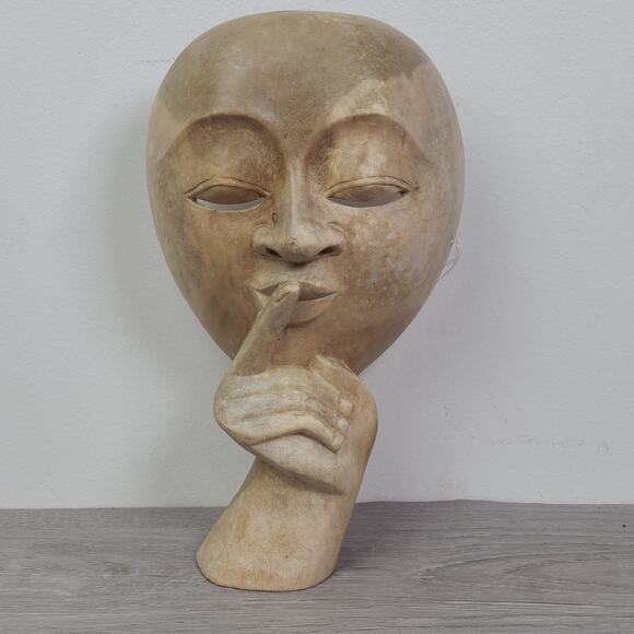 Hibiscus Wood Carved Mask Indonesia Silence Shh Emotion Theatric Face - Picture 1 of 8